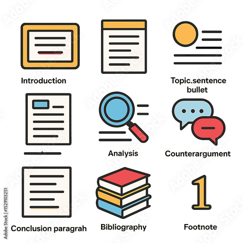 Academic Icon Set. Isometric Flat icon set of academic essay components: thesis statement box, introduction paragraph, topic