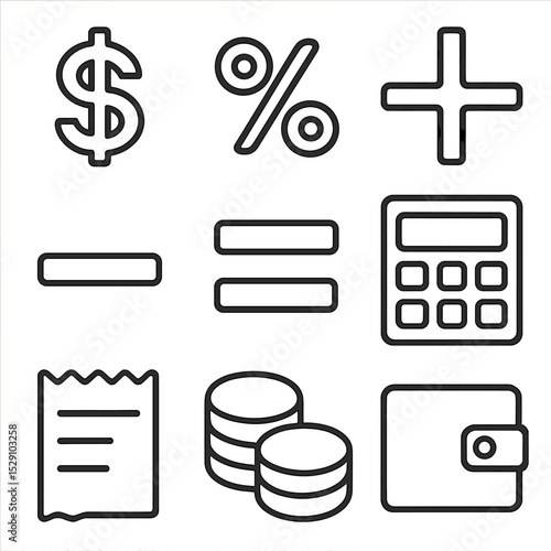 Accounting Symbols Grid. Outline icon set of accounting symbols: dollar sign, percent symbol, plus sign, minus sign, equals sign,