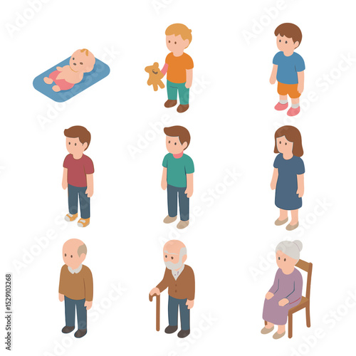 Age Groups Icons. Isometric Flat icon set of age groups: newborn, toddler, child, teenager, young adult, adult, middle-aged,