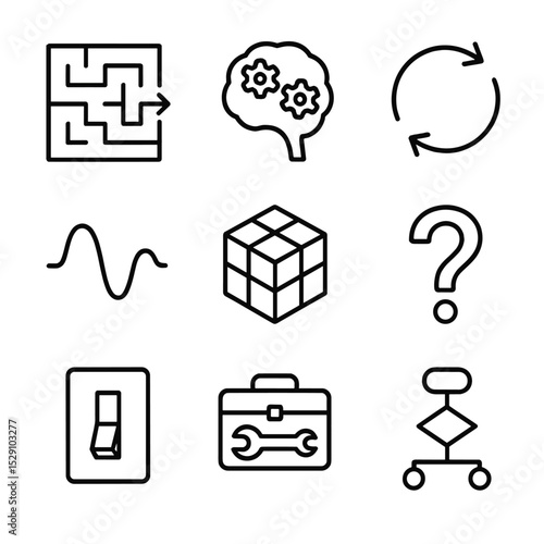 Adaptive Thinking Icons. Outline icon set of adaptive thinking: maze path, brain with gears, pivot arrow, flexible spiral, puzzle