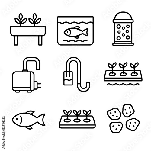 Aquaponic System Icons. Outline icon set of aquaponic systems: grow bed, fish tank, biofilter, water pump, bell siphon, raft board