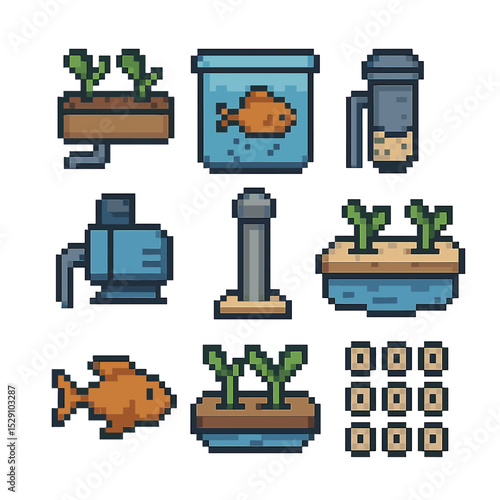 Aquaponic System Icons. Pixel art icon set of aquaponic systems: grow bed, fish tank, biofilter, water pump, bell siphon, raft