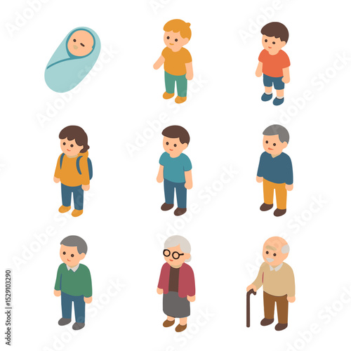Age Groups Icons. Isometric Flat icon set of age groups: newborn, toddler, child, teenager, young adult, adult, middle-aged,