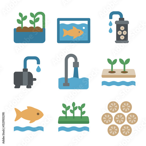 Aquaponic System Icons. Flat icon set of aquaponic systems: grow bed, fish tank, biofilter, water pump, bell siphon, raft board,