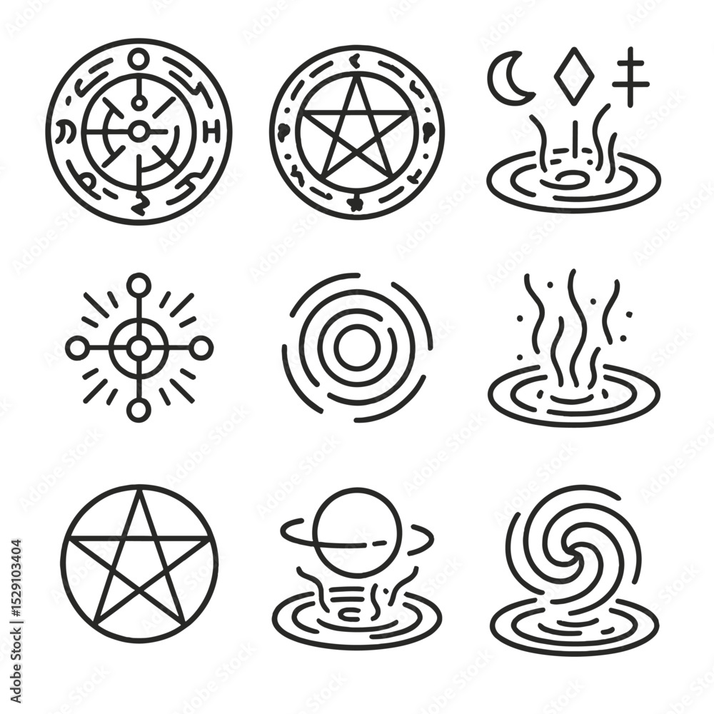 Arcane Icon Set. Outline icon set of summoning circle: arcane glyphs, runic circle, floating symbols, magic seal, energy pulse, Arcane Icon Set. Outline icon set of summoning circle: arcane glyphs, runic circle, floating symbols, magic seal, energy pulse,