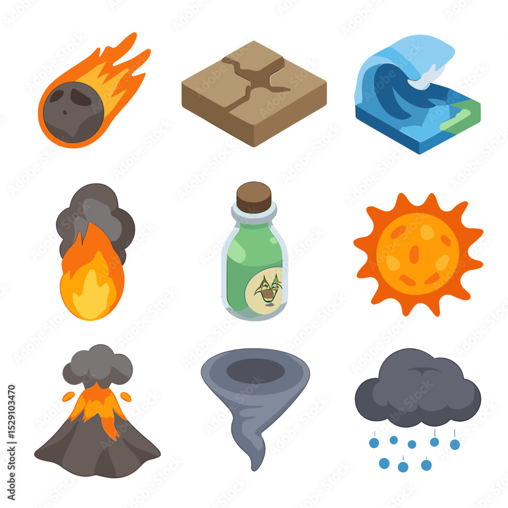 Fototapeta premium Apocalyptic Icon Set. Isometric Flat icon set of Apocalyptic events: meteor strike, earthquake fissure, flood wave, firestorm