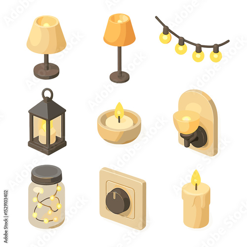 Ambient Lighting Icons. Isometric Flat icon set of ambient lighting: table lamp, floor lamp, string lights, candle lantern,