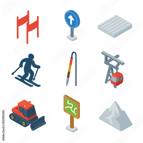 Alpine Ski Icon Set. Isometric Flat icon set of alpine ski trail: ski gate poles, trail marker sign, groomed snow rail, skier