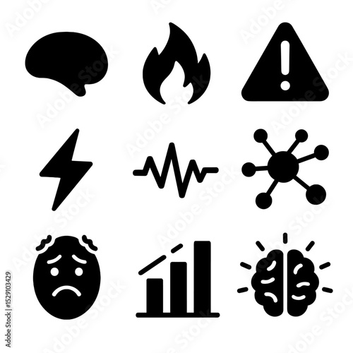 Amygdala Icons Grid. Solid, Filled icon set of amygdala hyperactivity: amygdala shape, flame, exclamation mark, lightning bolt,