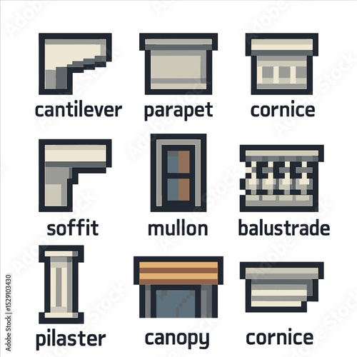 Architectural Detail Icons. Pixel art icon set of exterior architectural details: cantilever, parapet, cornice, soffit, mullion,