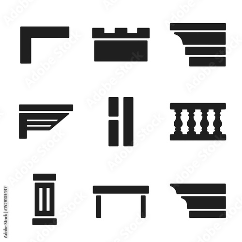 Architectural Detail Icons. Flat icon set of exterior architectural details: cantilever, parapet, cornice, soffit, mullion,