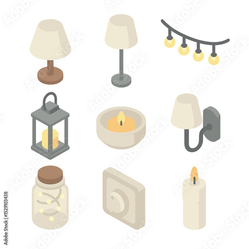 Ambient Lighting Icons. Isometric Flat icon set of ambient lighting: table lamp, floor lamp, string lights, candle lantern,