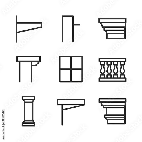 Architectural Icon Grid. Outline icon set of exterior architectural details: cantilever, parapet, cornice, soffit, mullion,