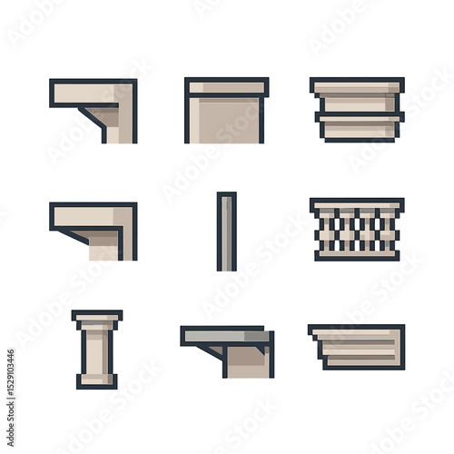 Architectural Detail Icons. Pixel art icon set of exterior architectural details: cantilever, parapet, cornice, soffit, mullion,