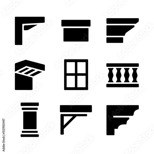 Architectural Icon Grid. Solid, Filled icon set of exterior architectural details: cantilever, parapet, cornice, soffit, mullion,