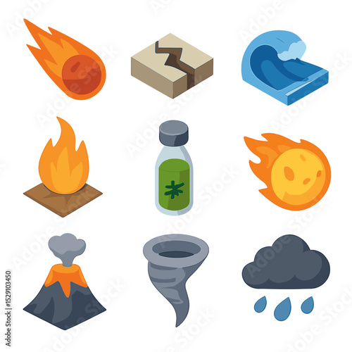 Apocalyptic Icon Set. Isometric Flat icon set of Apocalyptic events: meteor strike, earthquake fissure, flood wave, firestorm