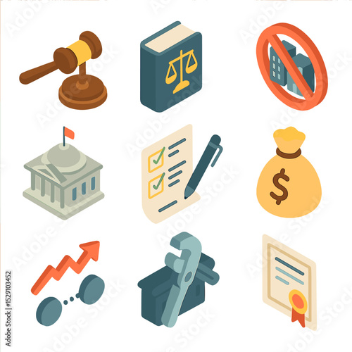 Antitrust Regulation Icons. Isometric Flat icon set of Antitrust Regulation: gavel and scales, law book, prohibition sign over