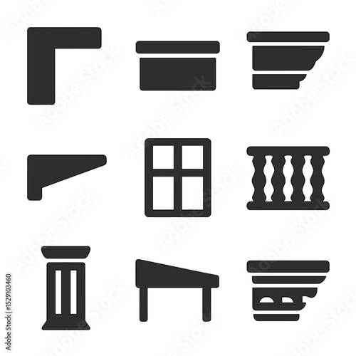 Architectural Icon Grid. Solid, Filled icon set of exterior architectural details: cantilever, parapet, cornice, soffit, mullion,
