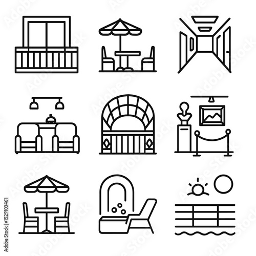 Architectural Icon Grid. Outline icon set of architectural settings: modern balcony, rooftop terrace, office corridor, hotel lobby