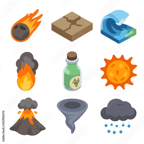 Apocalyptic Icon Set. Isometric Flat icon set of Apocalyptic events: meteor strike, earthquake fissure, flood wave, firestorm