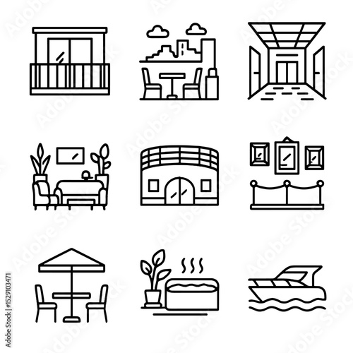 Architectural Icon Grid. Outline icon set of architectural settings: modern balcony, rooftop terrace, office corridor, hotel lobby
