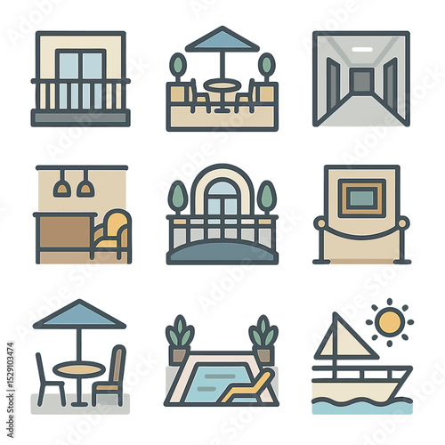 Architectural Icon Grid. Flat icon set of architectural settings: modern balcony, rooftop terrace, office corridor, hotel lobby,