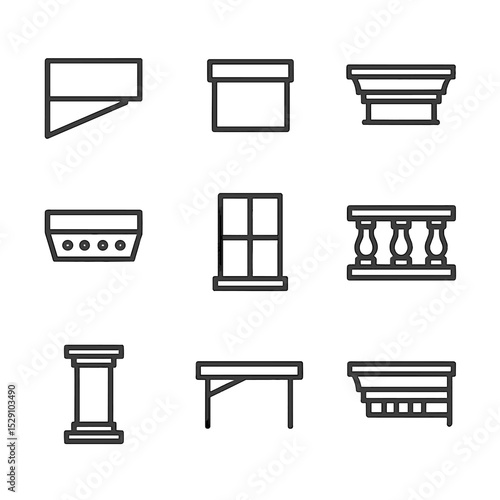 Architectural Icon Grid. Outline icon set of exterior architectural details: cantilever, parapet, cornice, soffit, mullion,