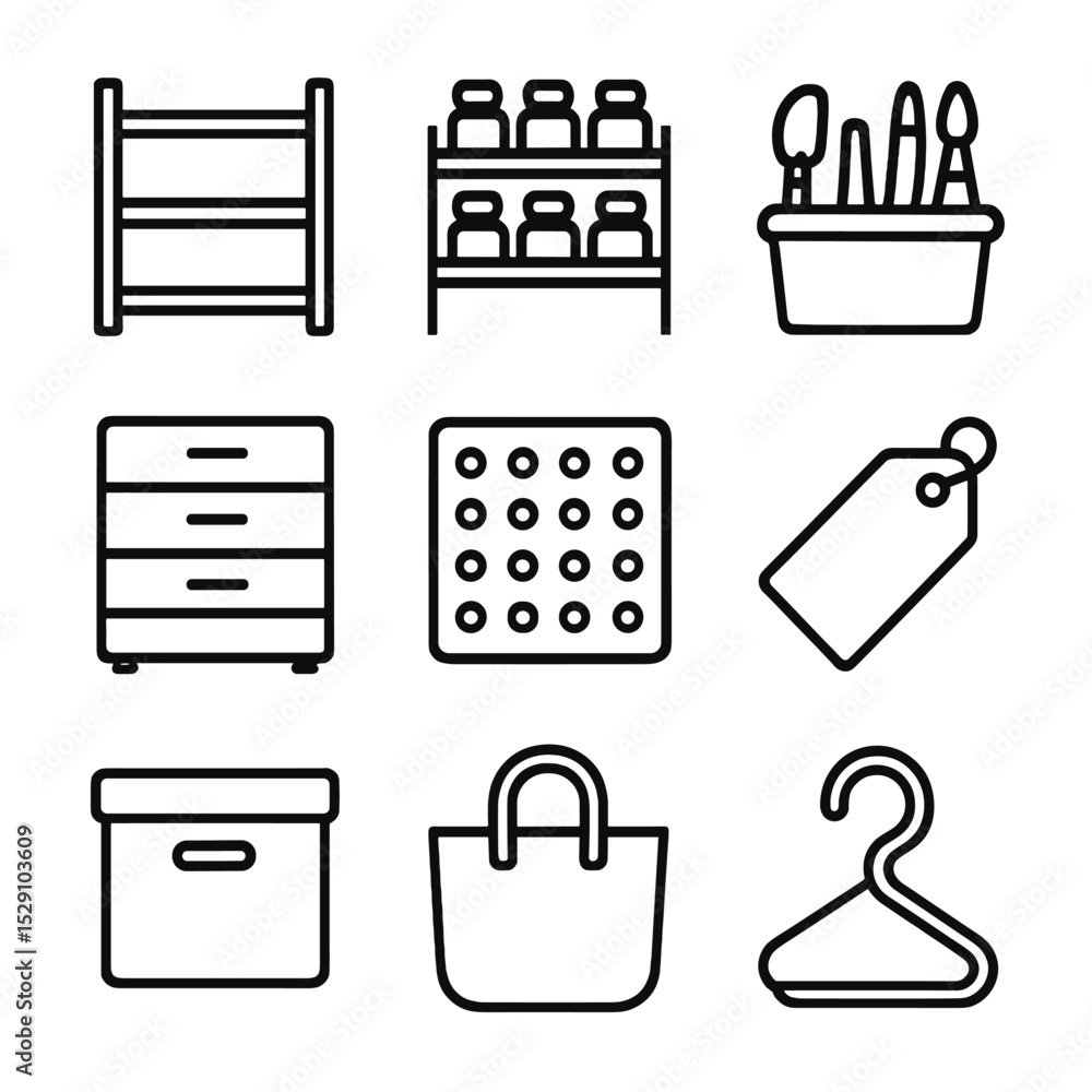 Art Storage Icon Set. Outline icon set of art storage and organization: shelving unit, paint jar rack, tool caddy, drawer cabinet, Art Storage Icon Set. Outline icon set of art storage and organization: shelving unit, paint jar rack, tool caddy, drawer cabinet,