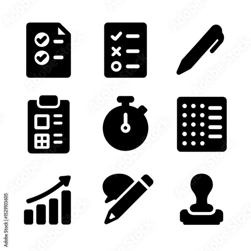 Assessment Icon Set. Solid, Filled icon set of assessment activities: quiz sheet, multiple choice, grading pen, rubric, test timer