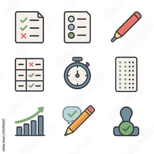 Assessment Icon Set. Flat icon set of assessment activities: quiz sheet, multiple choice, grading pen, rubric, test timer,