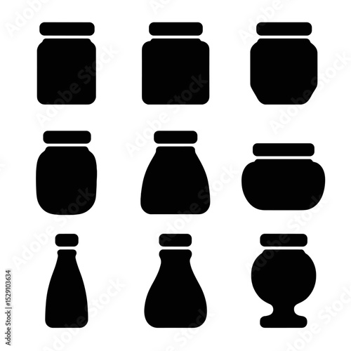 Assorted Jar Icons. Solid, Filled icon set of jar shapes and forms: cylindrical jar, square jar, hexagonal jar, oval jar,