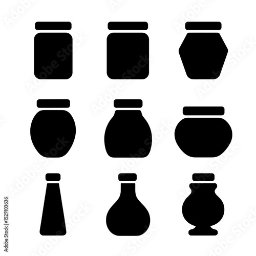 Assorted Jar Icons. Solid, Filled icon set of jar shapes and forms: cylindrical jar, square jar, hexagonal jar, oval jar,