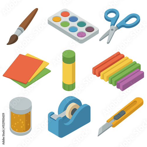 Arts & Crafts Set. Isometric Flat icon set of arts and crafts supplies: paintbrush, watercolor palette, scissors, glue stick,