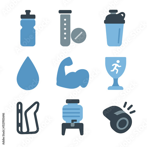 Athletic Hydration Icons. Flat icon set of athletic hydration: sports bottle, electrolyte tablet, shaker bottle, sweat droplet,