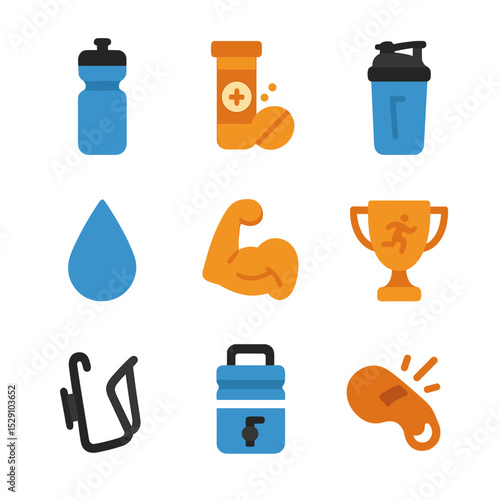 Athletic Hydration Icons. Flat icon set of athletic hydration: sports bottle, electrolyte tablet, shaker bottle, sweat droplet,