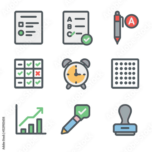 Assessment Icon Set. Flat icon set of assessment activities: quiz sheet, multiple choice, grading pen, rubric, test timer,