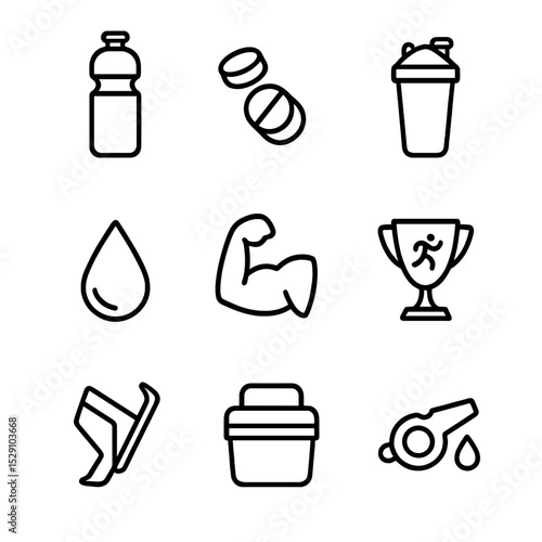 Athletic Hydration Icons. Outline icon set of athletic hydration: sports bottle, electrolyte tablet, shaker bottle, sweat droplet,
