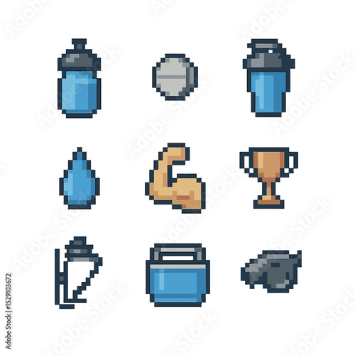 Athletic Hydration Icons. Pixel art icon set of athletic hydration: sports bottle, electrolyte tablet, shaker bottle, sweat
