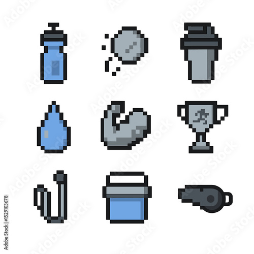 Athletic Hydration Icons. Pixel art icon set of athletic hydration: sports bottle, electrolyte tablet, shaker bottle, sweat