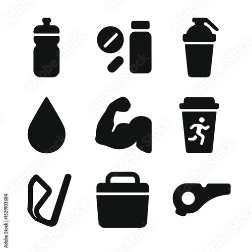 Athletic Hydration Icons Grid. Solid, Filled icon set of athletic hydration: sports bottle, electrolyte tablet, shaker bottle,