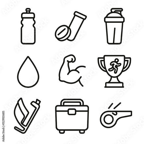 Athletic Hydration Icons. Outline icon set of athletic hydration: sports bottle, electrolyte tablet, shaker bottle, sweat droplet,