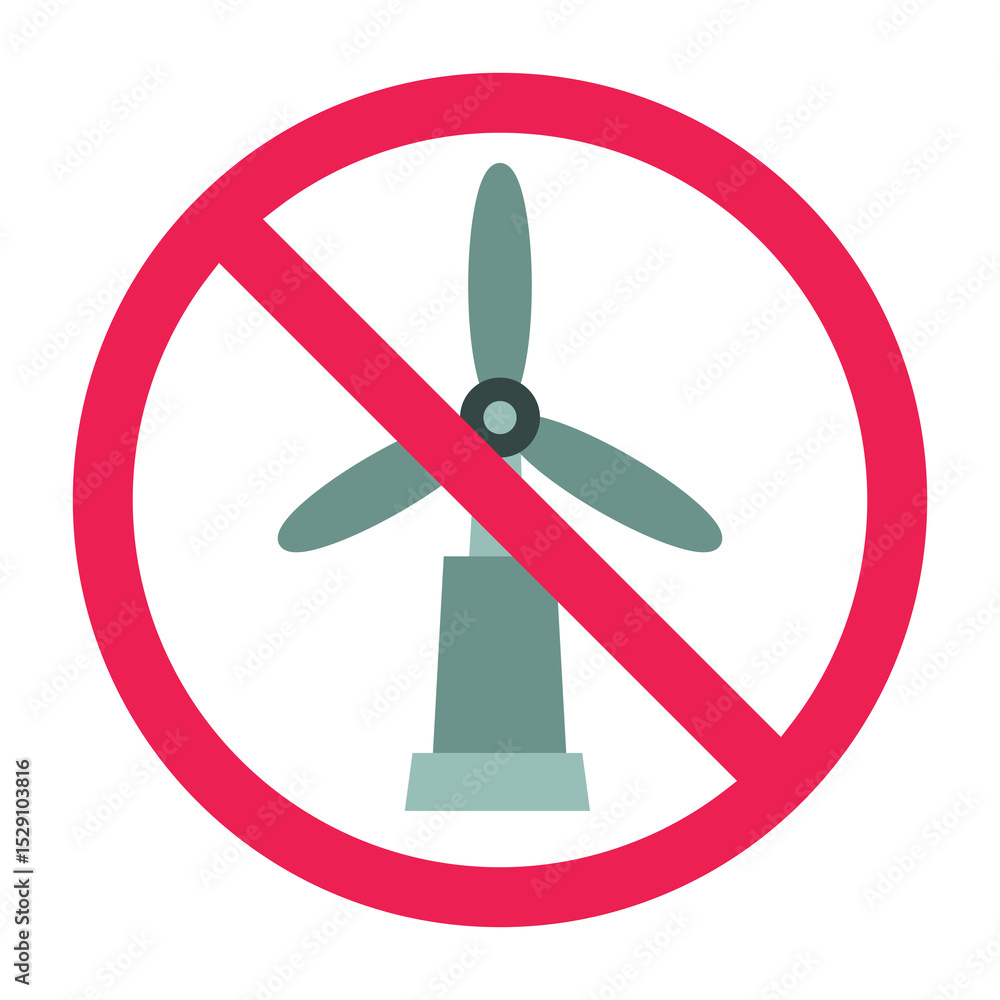 Forbidden sign with wind turbine icon, no wind turbine allowed sign, windmill prohibition sign, no renewable energy symbol Forbidden sign with wind turbine icon, no wind turbine allowed sign, windmill prohibition sign, no renewable energy symbol