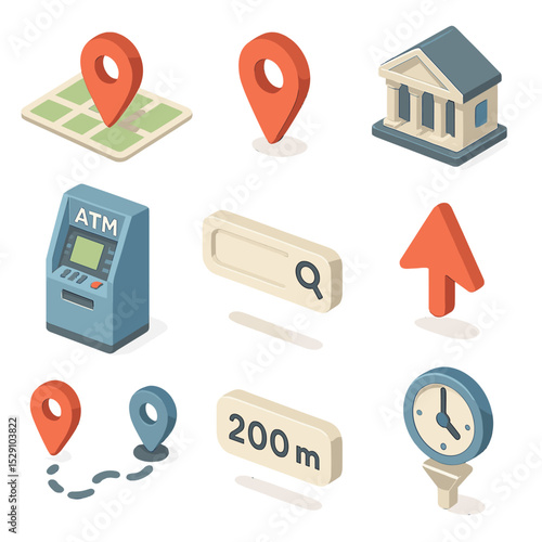 Isometric Bank Icons. Isometric Flat icon set of ATM and Branch Locator: map with location pin, GPS marker icon, bank branch