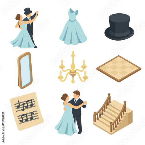 Ballroom Dance Icon Set. Isometric Flat icon set of ballroom dance couple: waltz pose, ball gown, top hat, ballroom mirror,