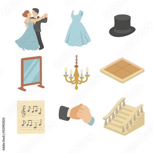 Ballroom Dance Icon Set. Isometric Flat icon set of ballroom dance couple: waltz pose, ball gown, top hat, ballroom mirror,
