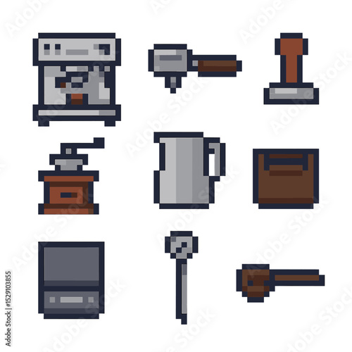 Barista Tools Icons. Pixel art icon set of barista tools: espresso machine, portafilter, tamper, coffee grinder, milk frothing