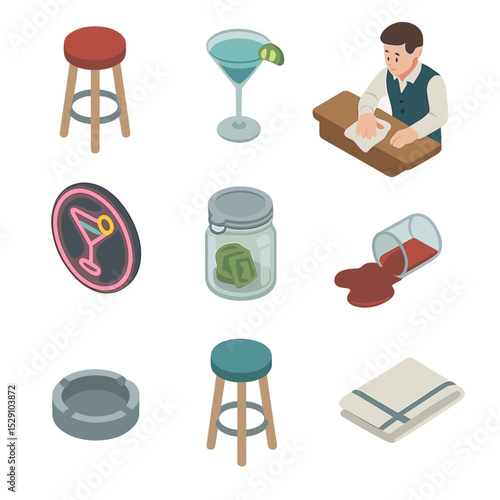 Bar Icons Isometric Set. Isometric Flat icon set of bar counter intoxication scene: barstool, cocktail glass, bartender wiping