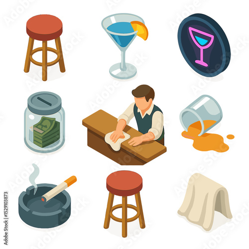 Bar Icons Isometric Set. Isometric Flat icon set of bar counter intoxication scene: barstool, cocktail glass, bartender wiping