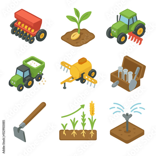 Barley Cultivation Icons. Isometric Flat icon set of Barley Cultivation Process: seed drill, germination sprout, tilling tractor,