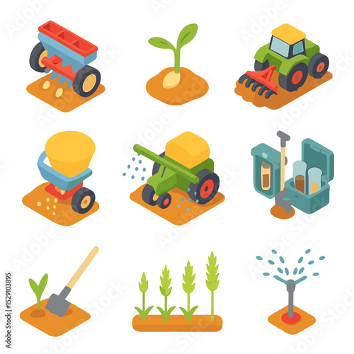 Barley Cultivation Icons. Isometric Flat icon set of Barley Cultivation Process: seed drill, germination sprout, tilling tractor,